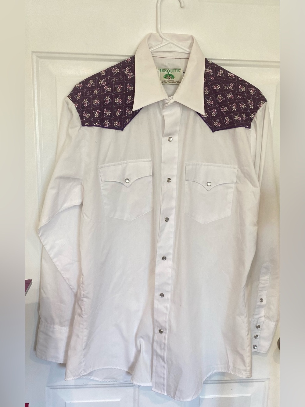 Mesquite White Western Shirt long sleeve with Purple Floral Yoke pearl buttons